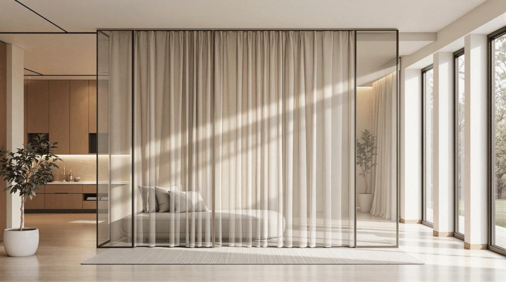 Sheer linen fabric room divider in a modern open-concept living space, separating a reading nook.