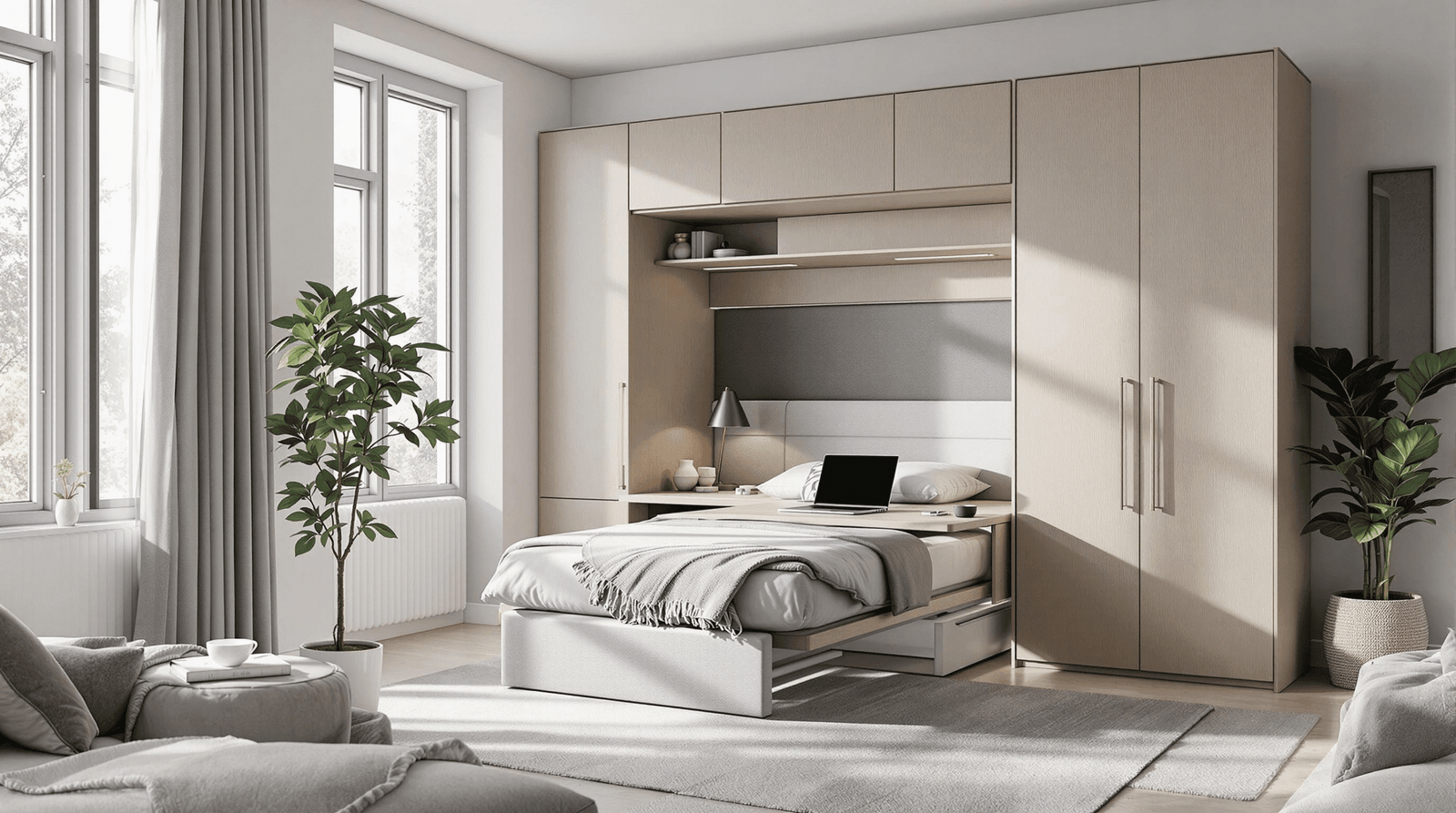 Sleek modern murphy bed desk combo extended as a desk in a bright, minimalist apartment.