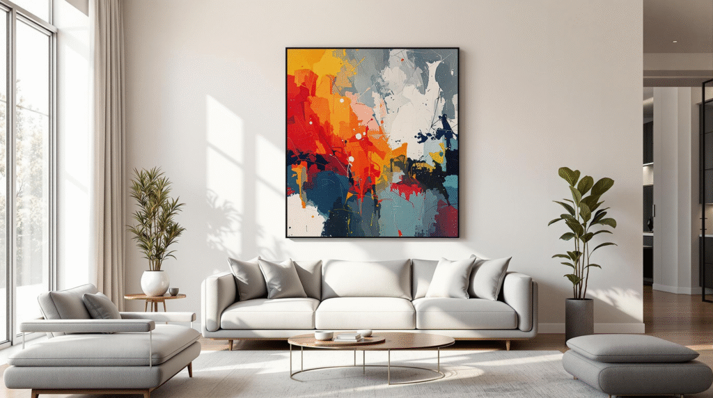 Sophisticated modern living room with a large abstract painting above a sofa, showcasing ideal art placement.