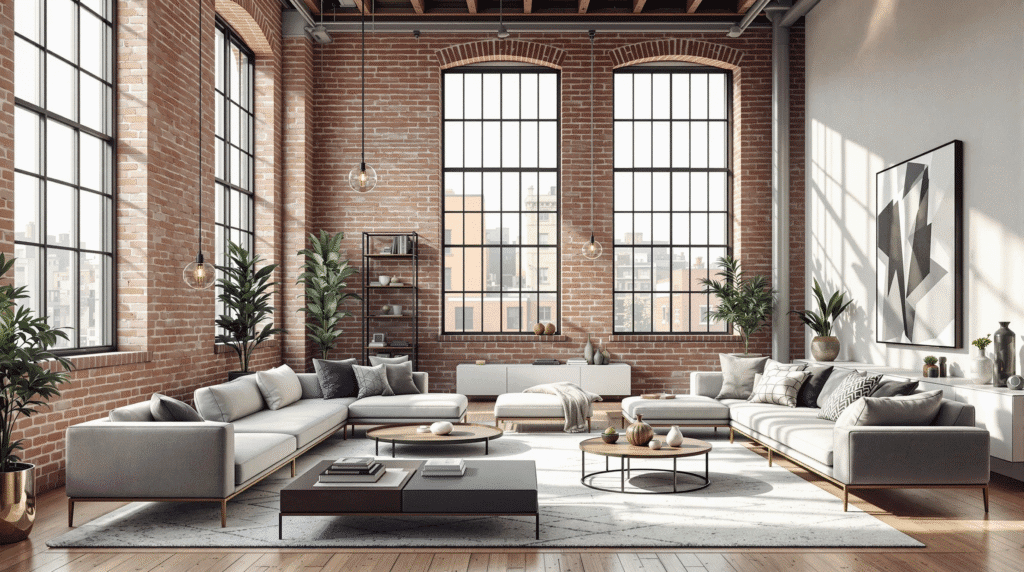 Spacious industrial-chic loft living room with exposed brick and large windows, showcasing modern minimalist design.