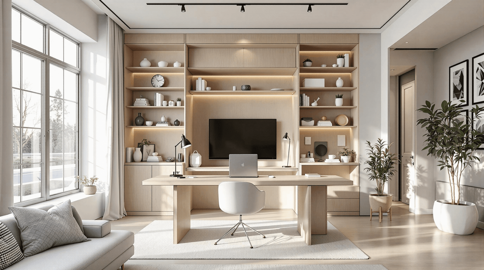 Versatile room designed as a modern home office with a concealed wall bed.