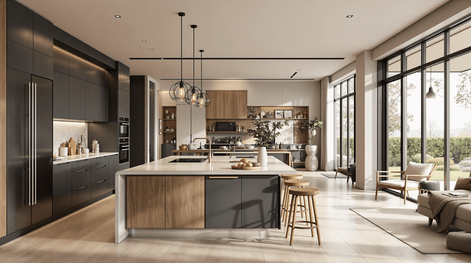 Wide view of a modern open-plan multi-use kitchen with island seating and integrated living areas.