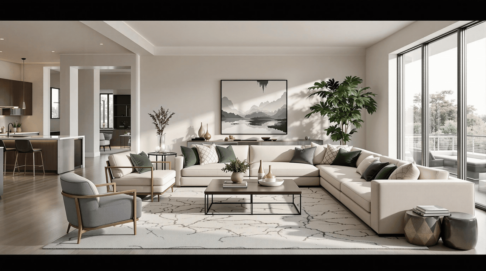 A cozy, defined seating area in an open-plan home, highlighting strategic furniture arrangement and textural elements.