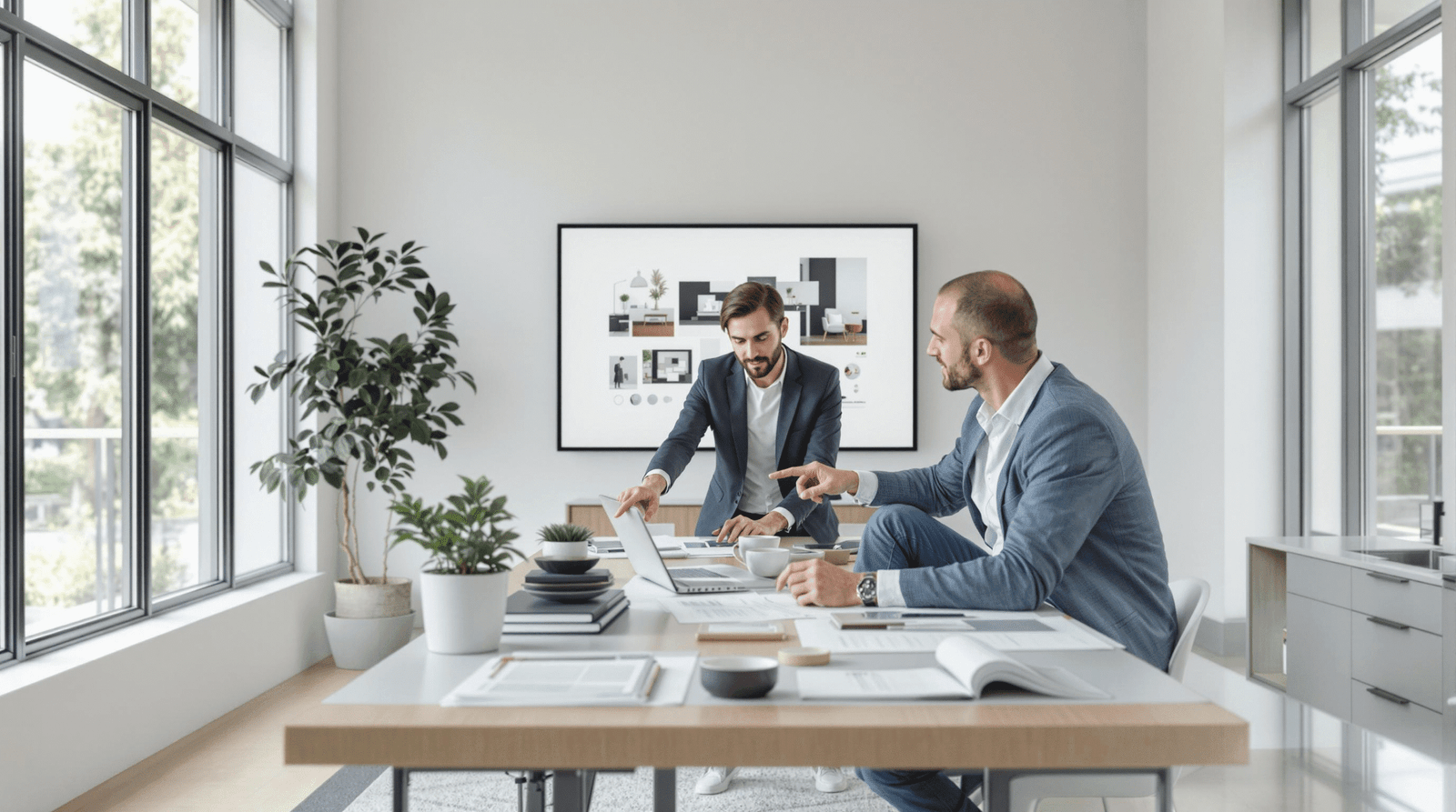 An interior designer and client discussing design plans and budget in a modern studio.