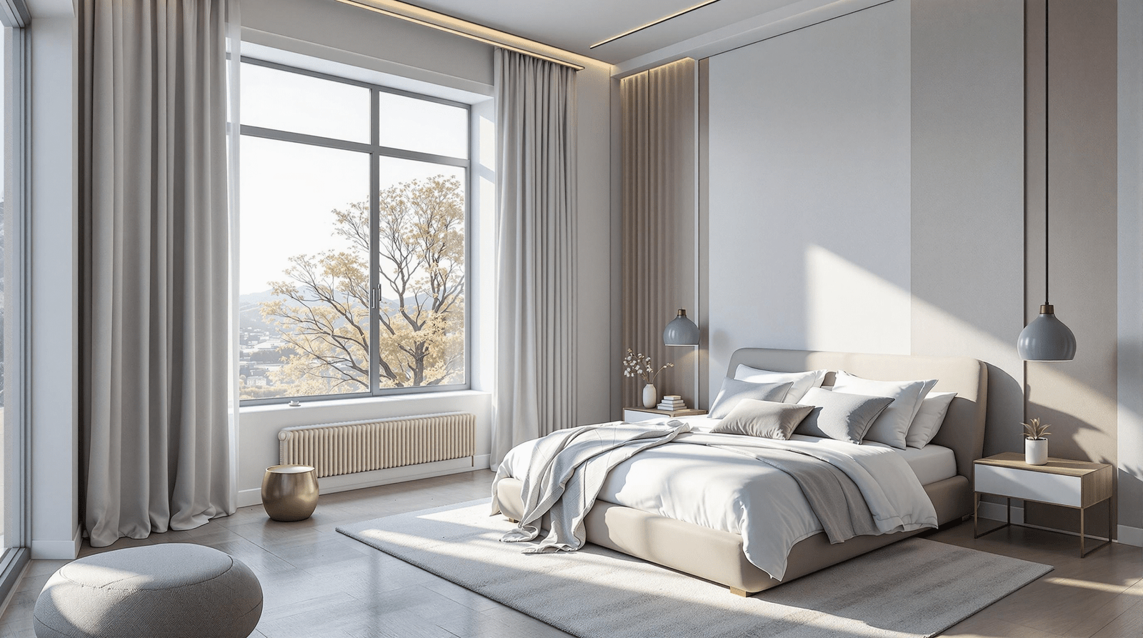 Calm bedroom with soft blue and gray tones, illuminated by abundant natural light.