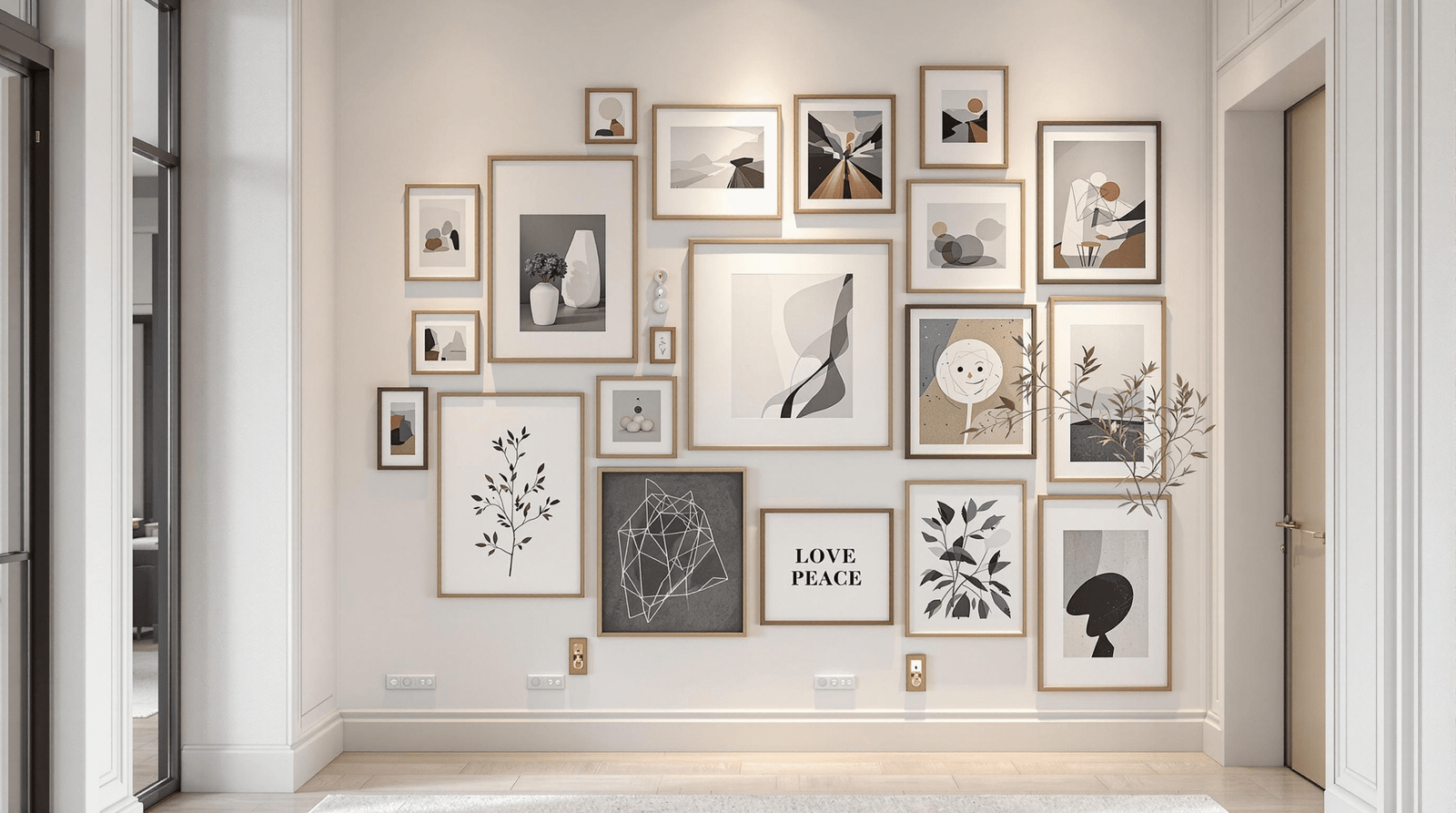 Chic minimalist hallway with a dynamic gallery wall featuring various framed artworks and sculptures.
