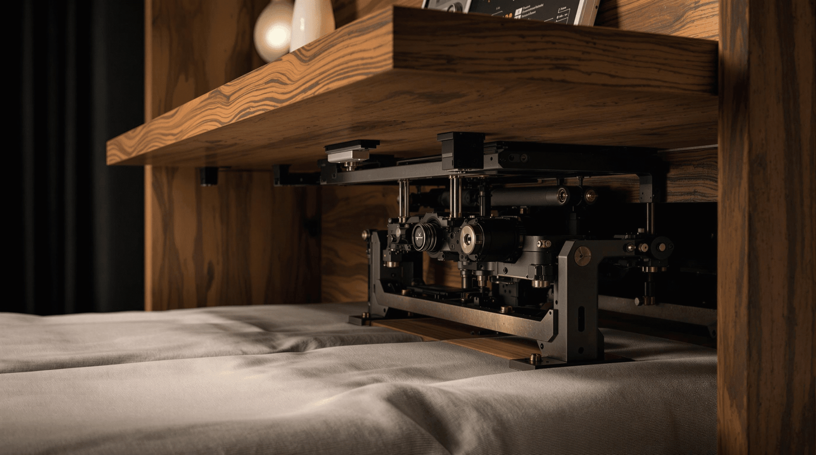 Close-up of a murphy bed desk mechanism, showing the desk remaining level as the bed lowers.