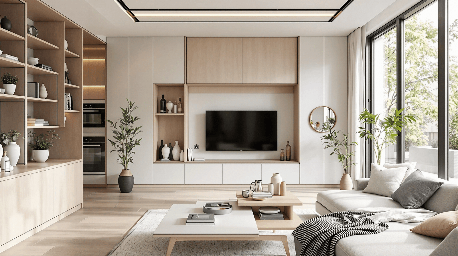 Compact living room with smart storage and a transforming coffee table, illustrating space optimization.