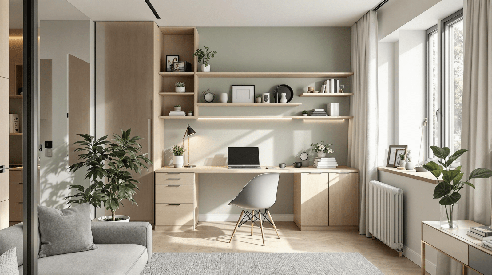 Compact, Scandinavian-style home office in a small apartment corner.