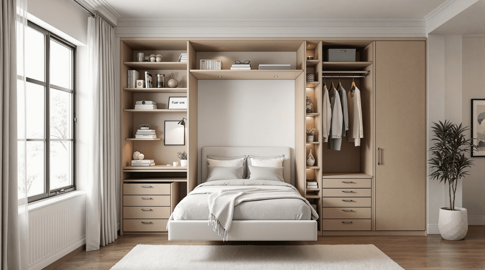Detailed view of custom built-in wall bed storage with open shelves, drawers, and a fold-down desk.