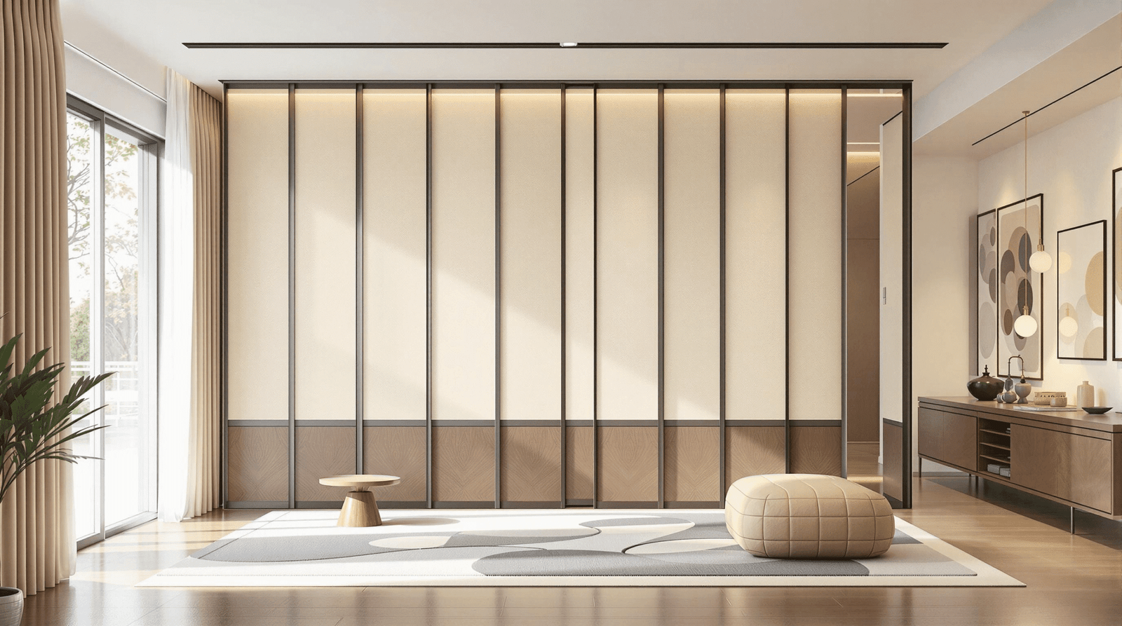 Elegant living room with a partially open operable partition for flexible space.