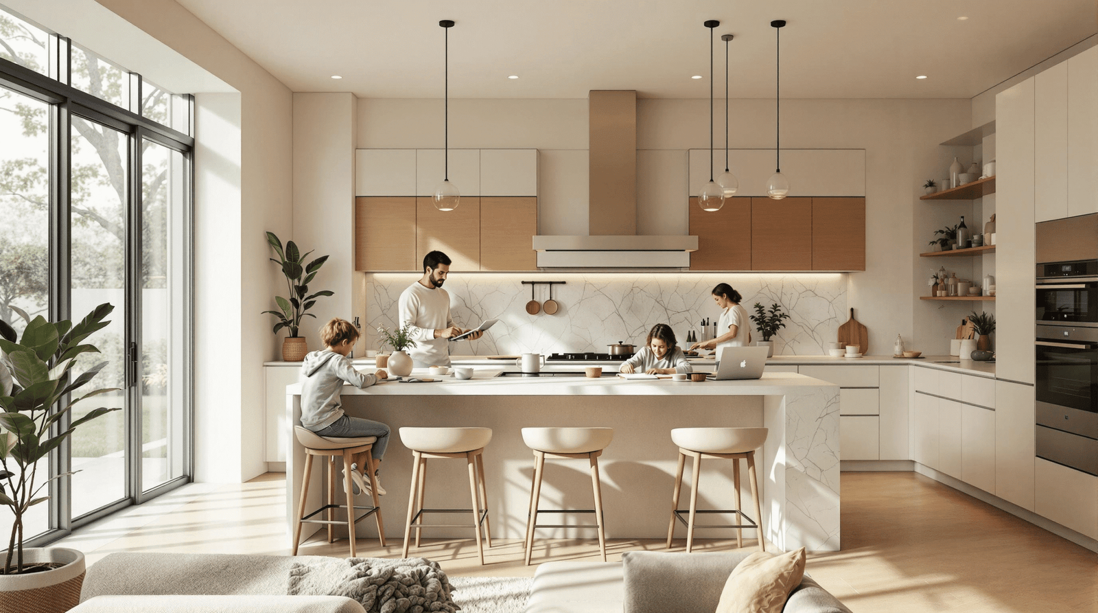 Family interacting in a bright, modern multi-use kitchen with integrated workspace.