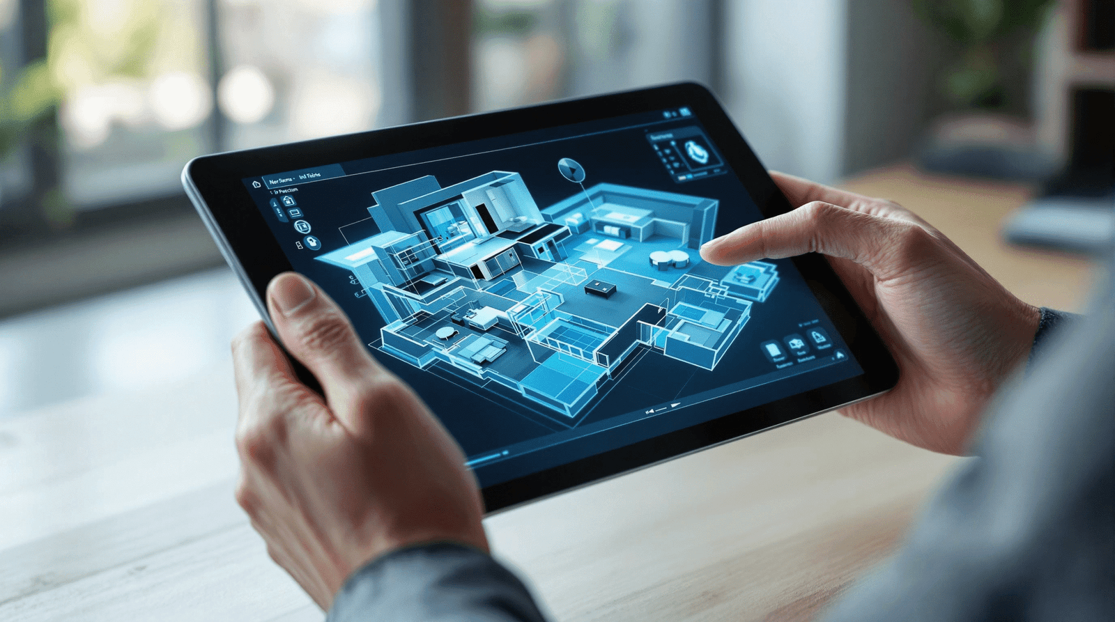 Hands using a tablet to design a 3D floor plan with space planning software.