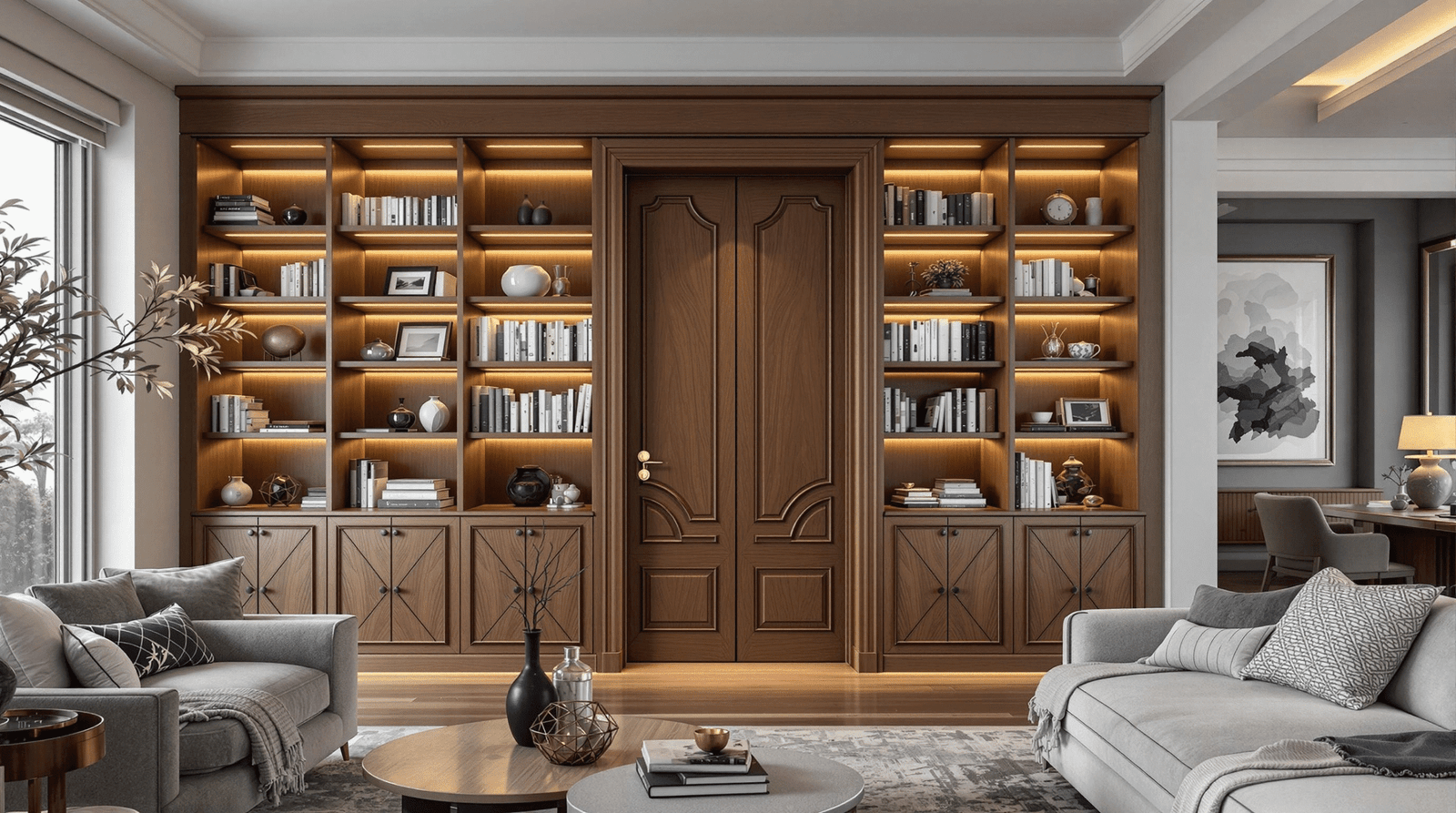 Hidden bookshelf door slightly ajar, revealing a cozy secret room in a home library.