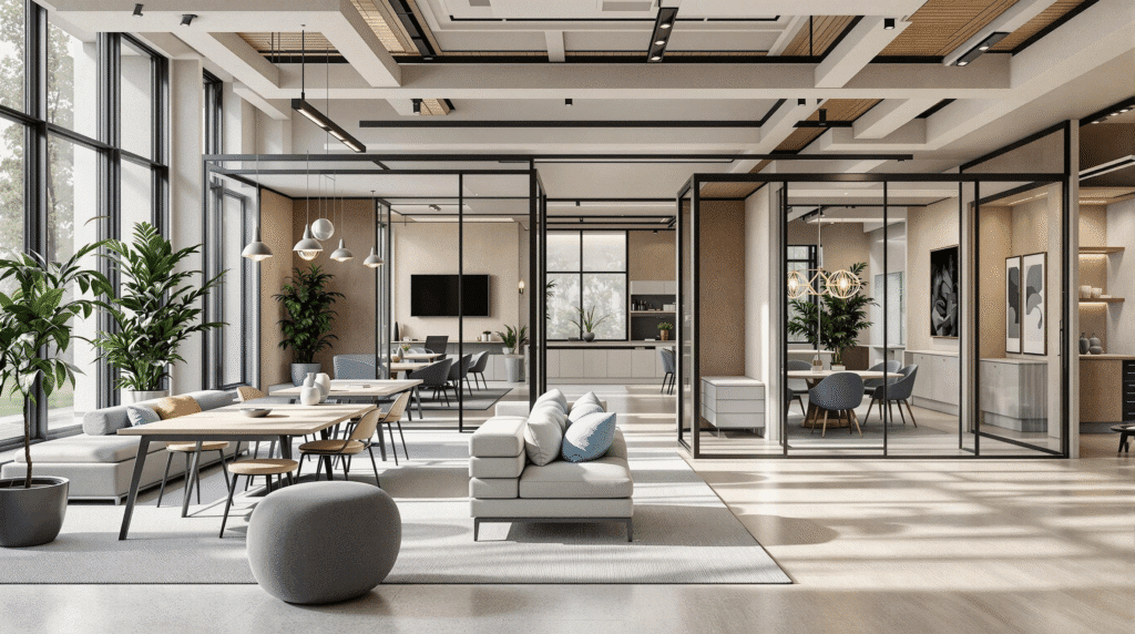 Large multi-purpose room divided into collaborative and private zones by modern temporary partitions.