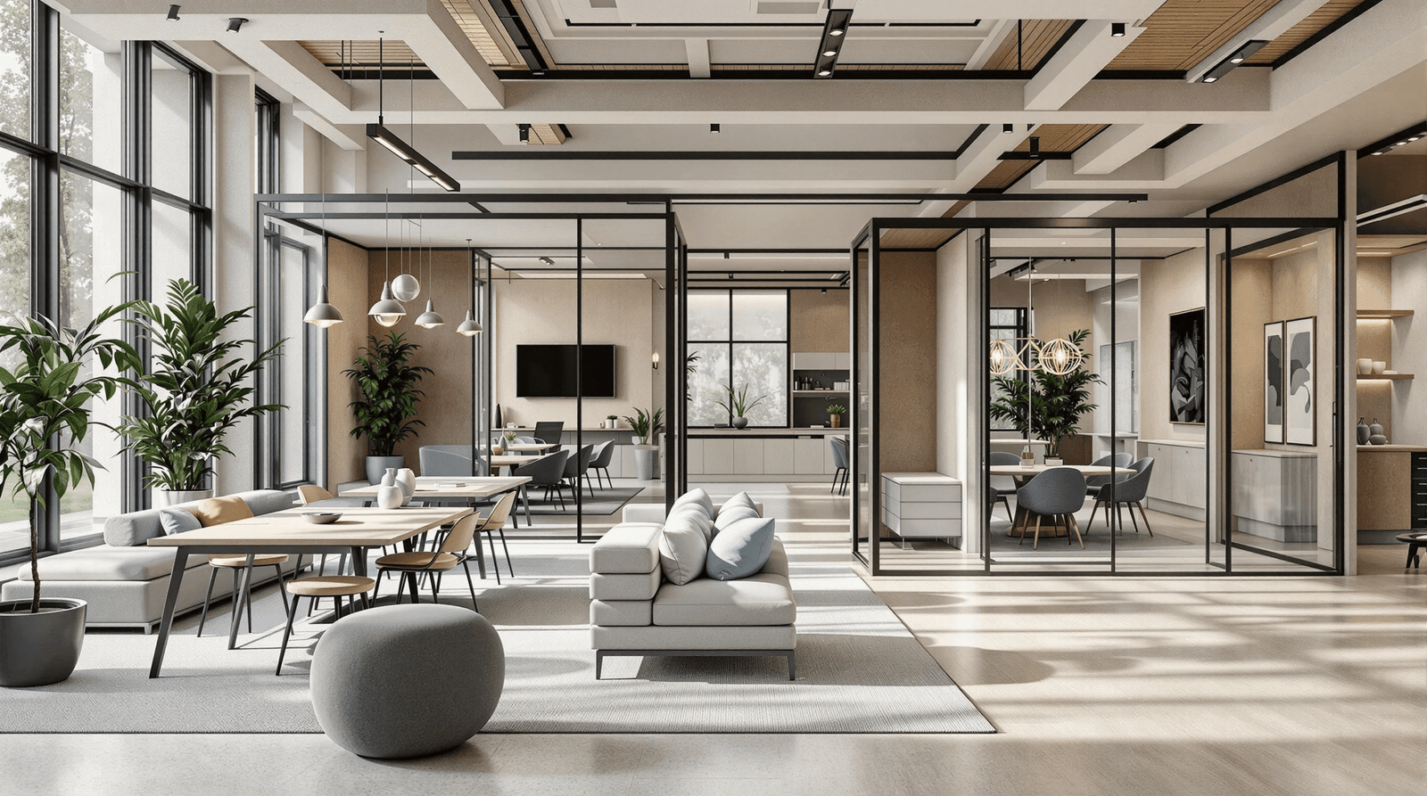 Large multi-purpose room divided into collaborative and private zones by modern temporary partitions.