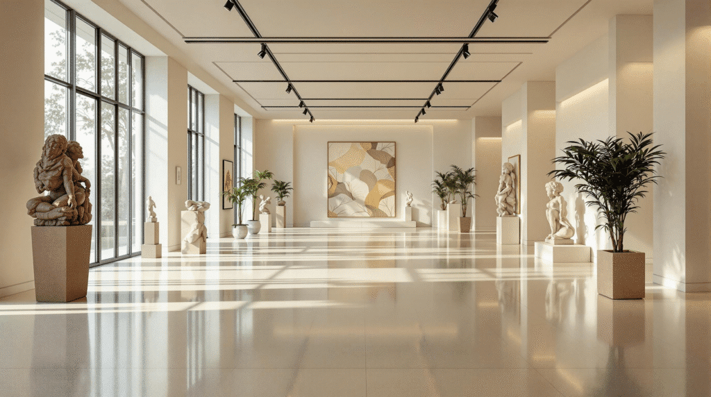 Minimalist temporary art gallery interior emphasizing order and clear pathways.