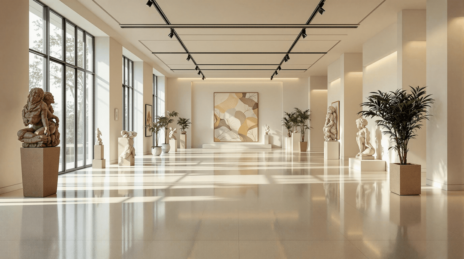 Minimalist temporary art gallery interior emphasizing order and clear pathways.