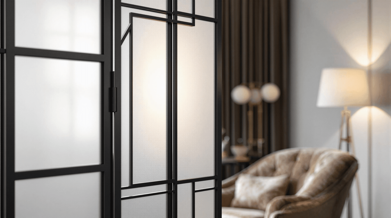 Modern geometric room screen made of blackened steel and frosted glass in a minimalist apartment.