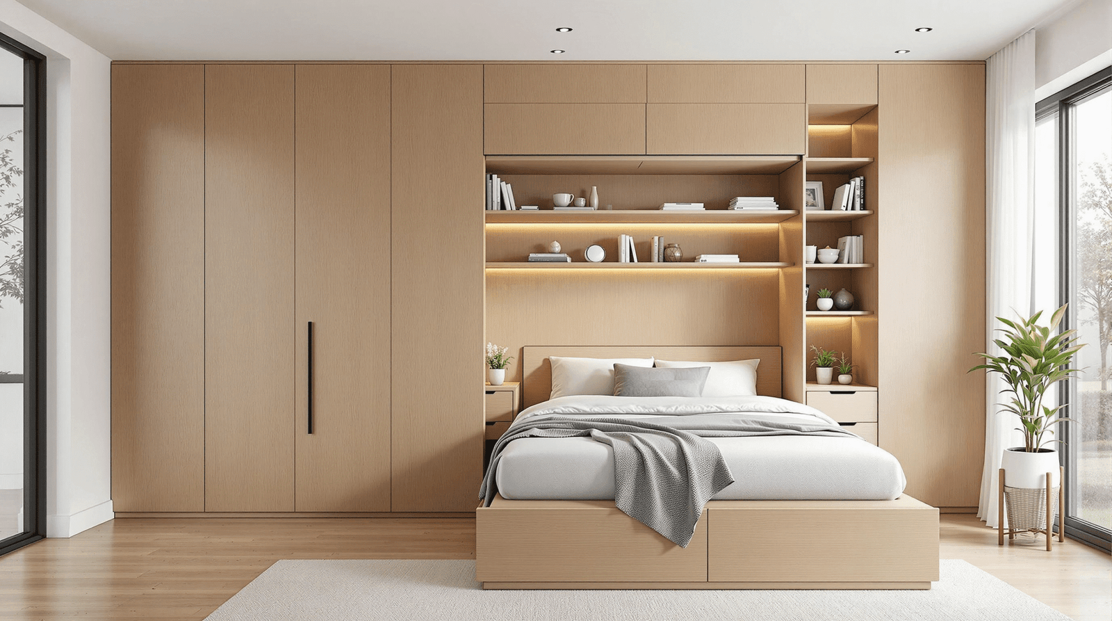 Modern home office with a partially extended custom wall bed, revealing its multi-functional design.