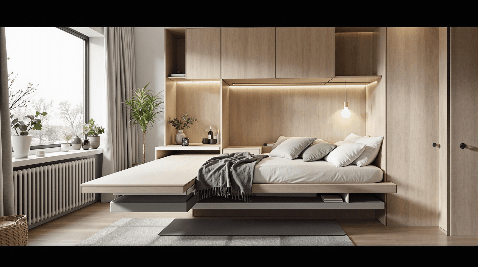 Modern home office with a transforming desk bed system, illustrating multi-functional space saving.