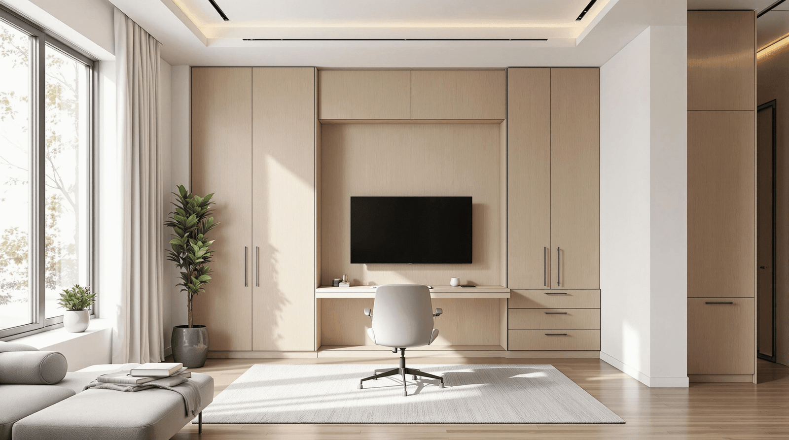 Modern home office with hidden wall bed cabinetry and natural light.