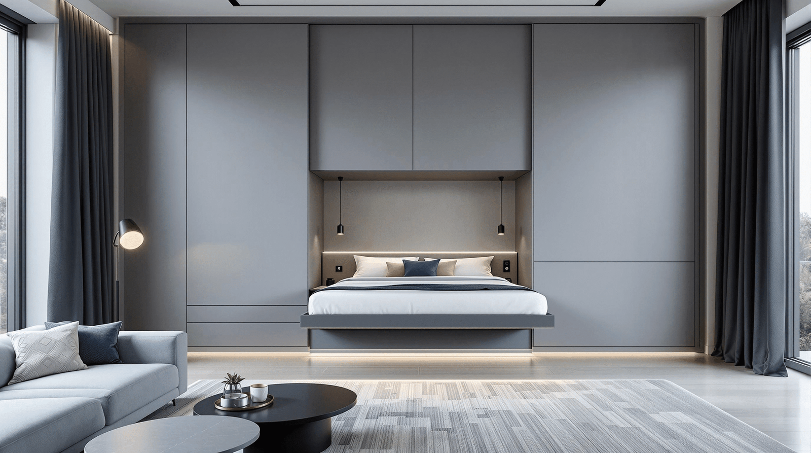 Modern minimalist apartment living area transforming into a bedroom with a partially lowered wall bed and integrated cabinetry.