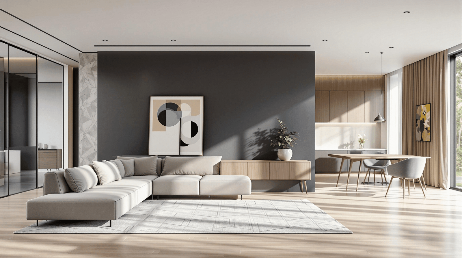 Modern open-concept space showing a cohesive living area and home office zone, subtly divided by a credenza.