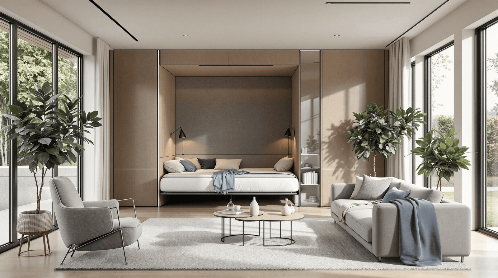 Modern versatile room with a stowed wall bed, showcasing a spacious living area with a sofa and natural light.