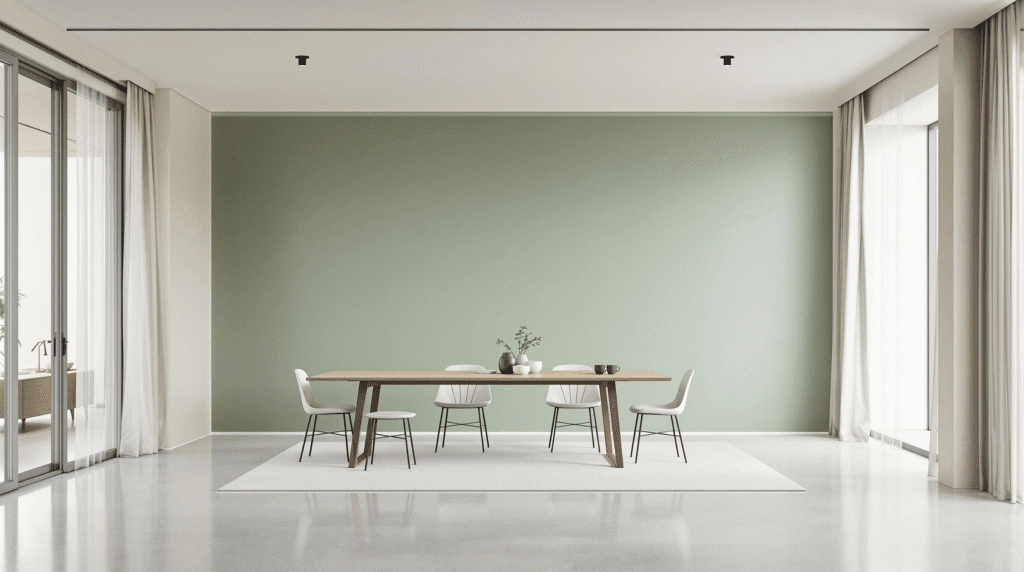 Open-plan living space with a dining area defined by a sage green color block on the wall.