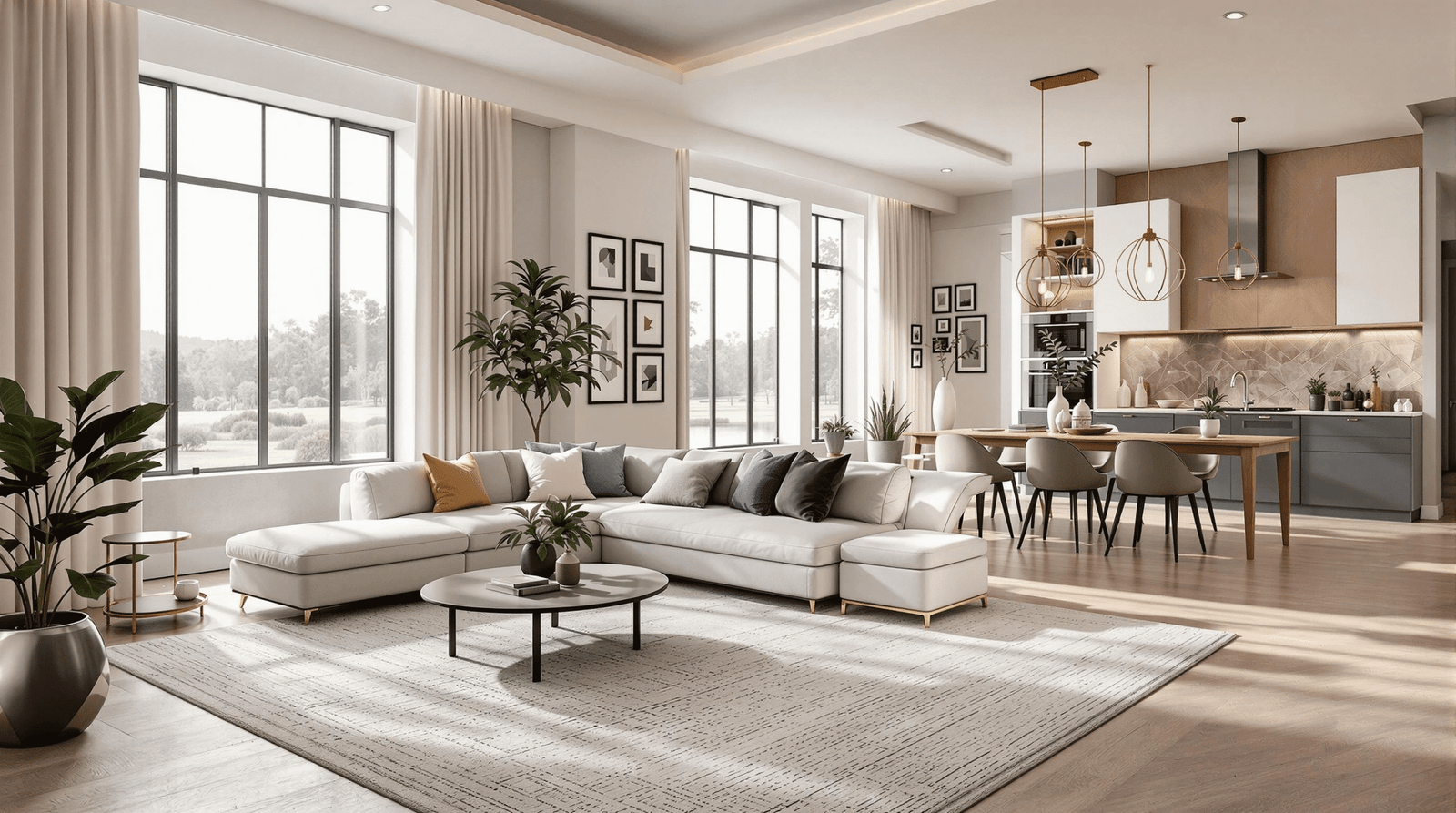 Open concept living area demonstrating effective zoning with an area rug and pendant lighting.