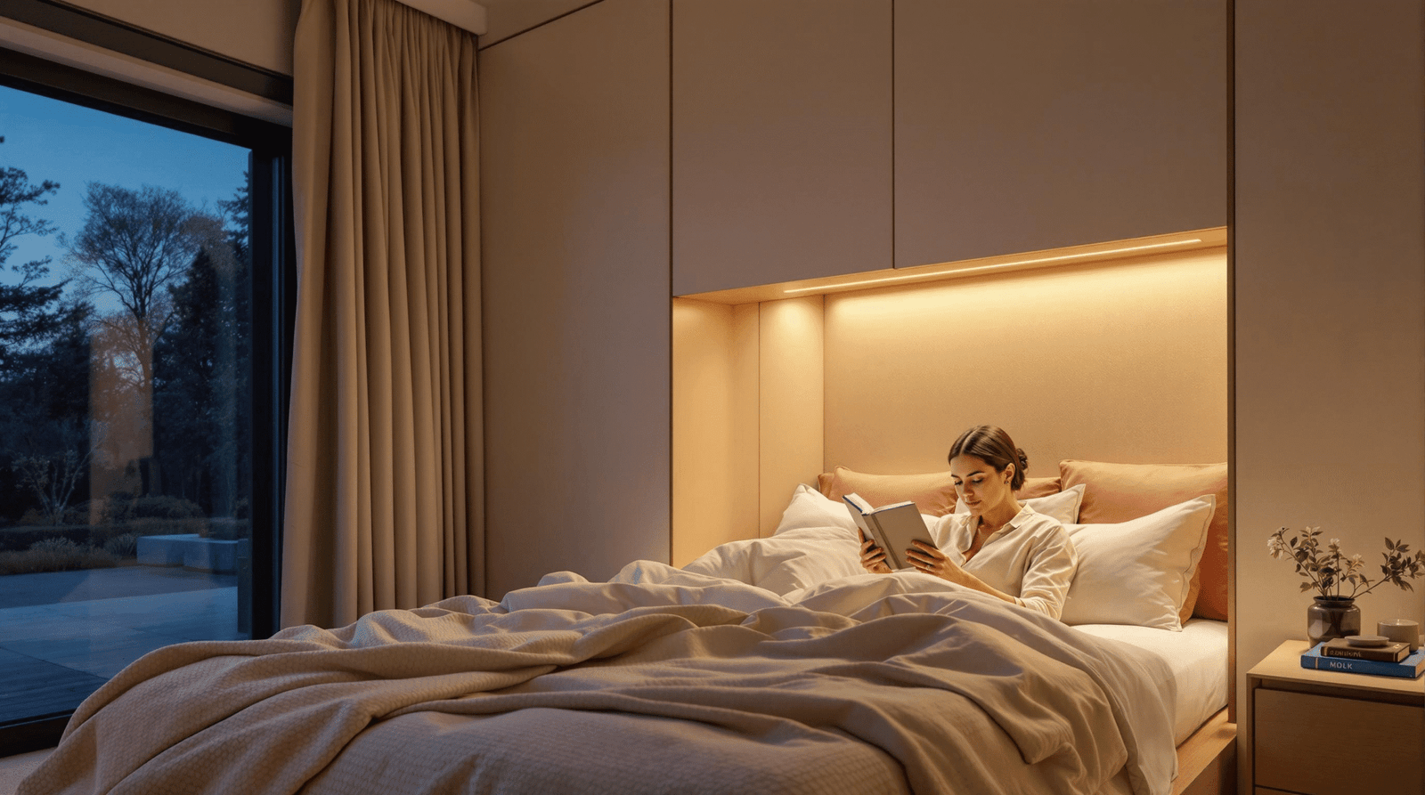 Person reading in a wall bed at night, illuminated by an integrated LED reading light.