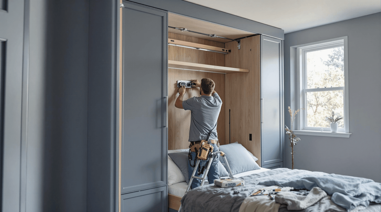 Professional installer securing a modern wall bed frame to wall studs, emphasizing safety and precision.