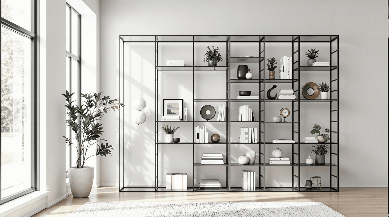 Sleek black metal open-shelf bookshelf acting as a room divider in a minimalist interior, styled with books and plants.