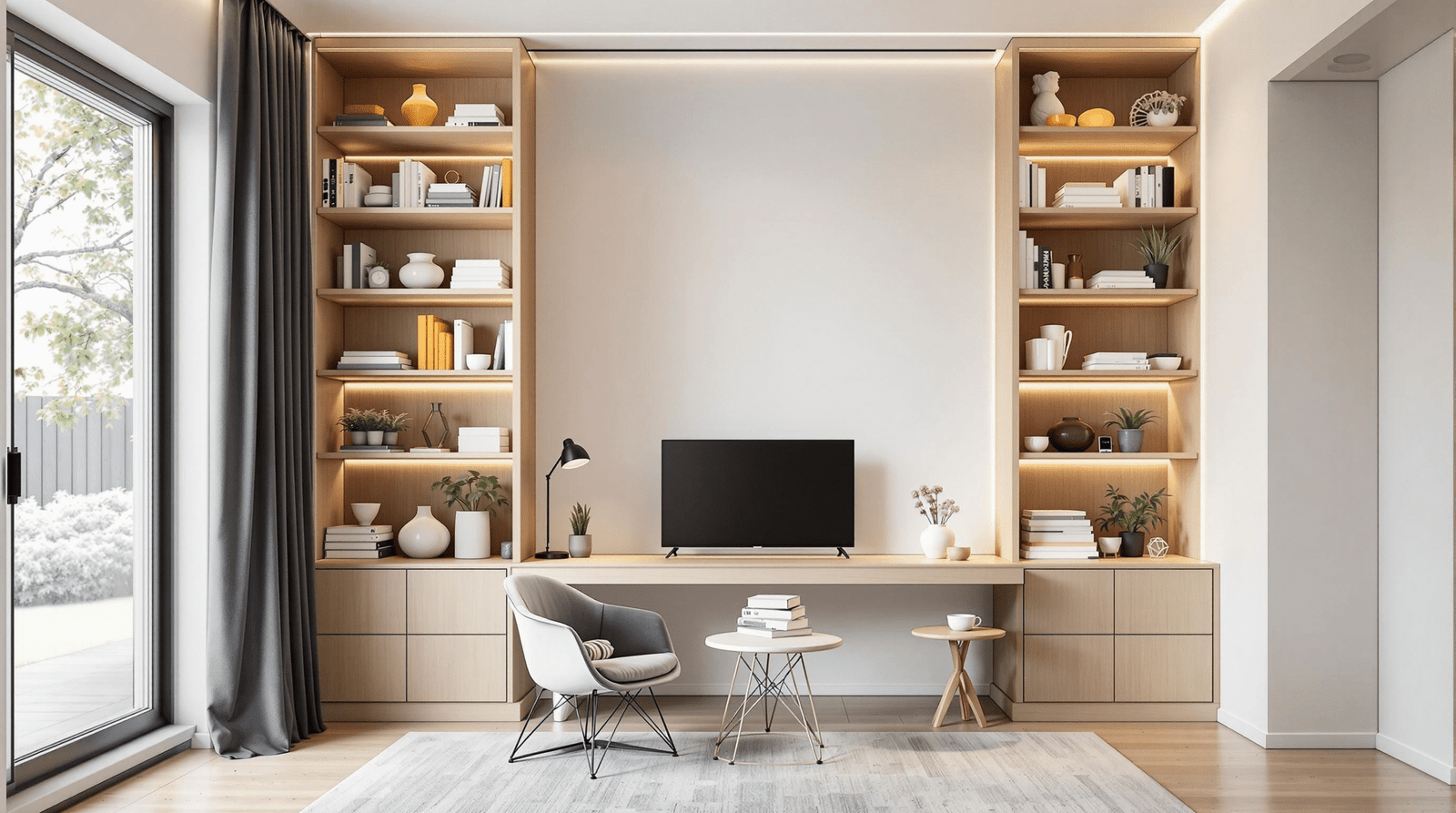 Small living room with tall vertical shelving maximizing wall space.