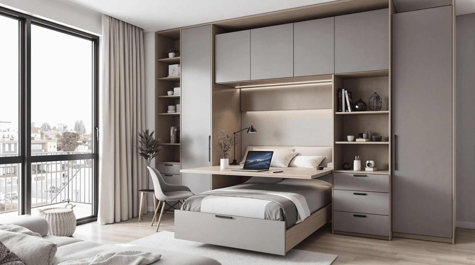 Studio apartment with a multi-functional wall bed unit featuring integrated desk and storage.