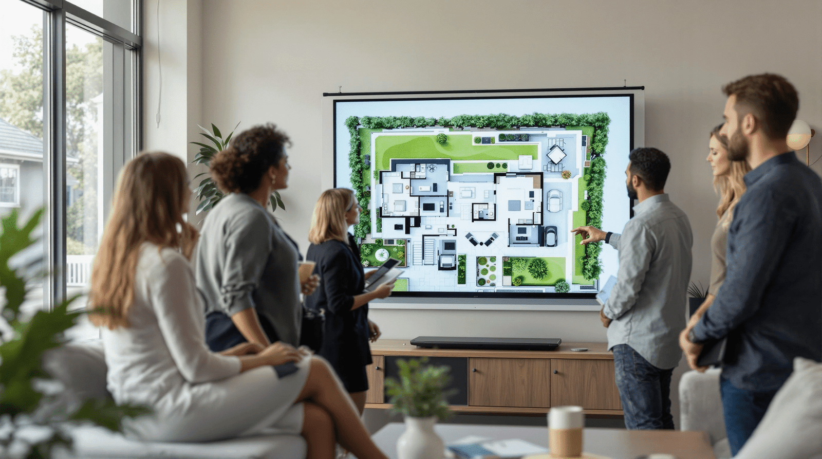 A group of professionals and homeowners collaborating on a residential design project, viewing a large digital floor plan.