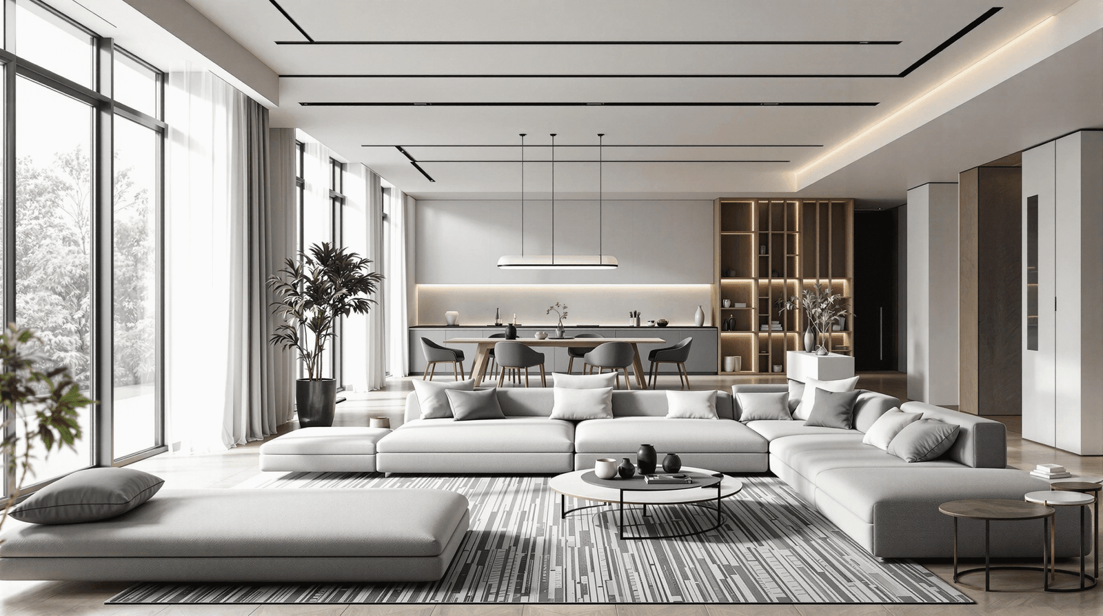 A modern, minimalist open-plan living space cleverly zoned with subtle dividers and consistent design.