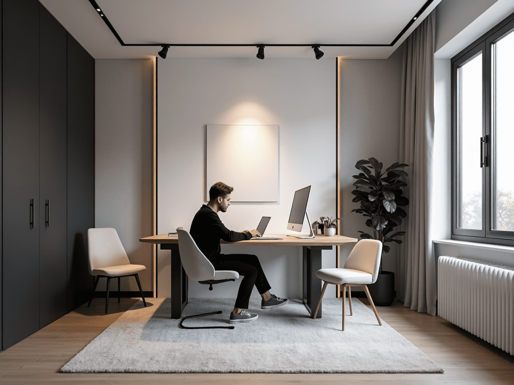 A quiet focus zone in an open-plan office with a standing desk, acoustic screens, and a person working.