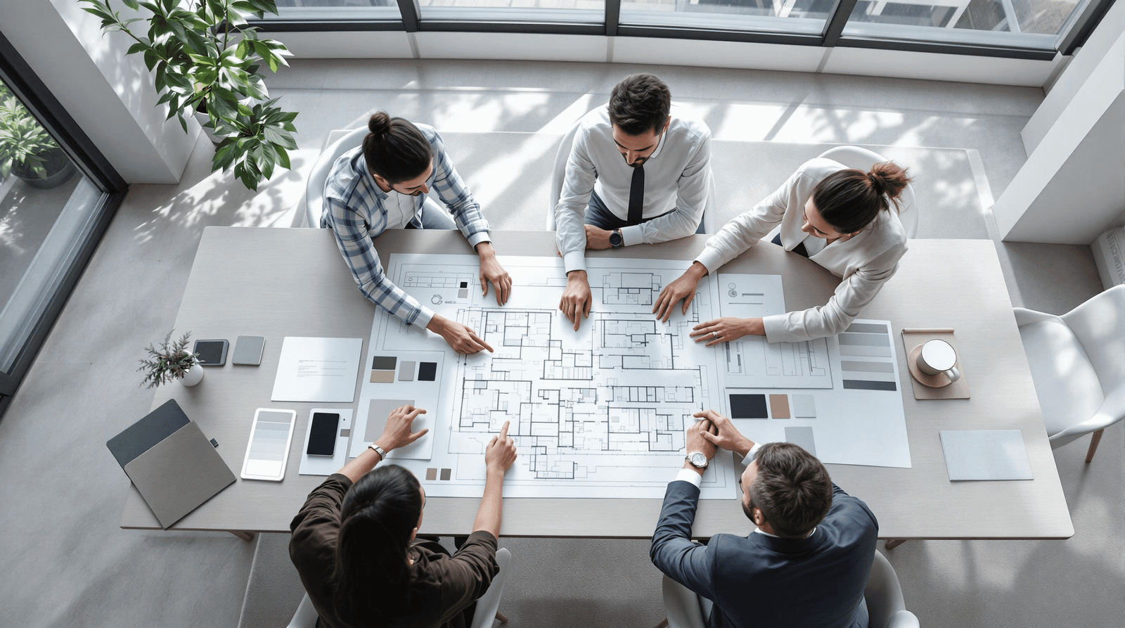 A team of interior designers and a client reviewing blueprints and material samples on a conference table.