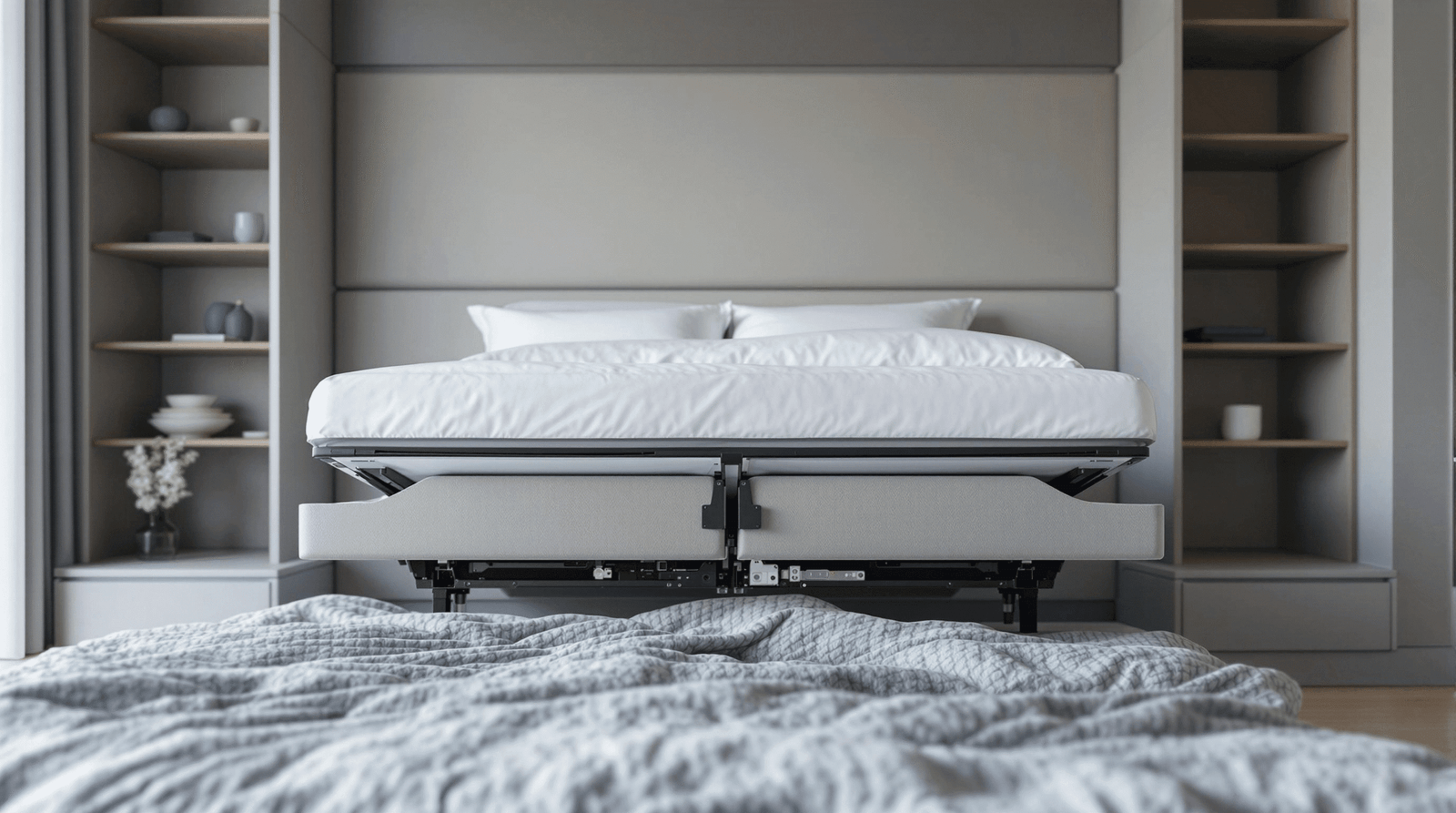 Close-up of a luxurious, comfortable mattress on a deployed space-saving wall bed.