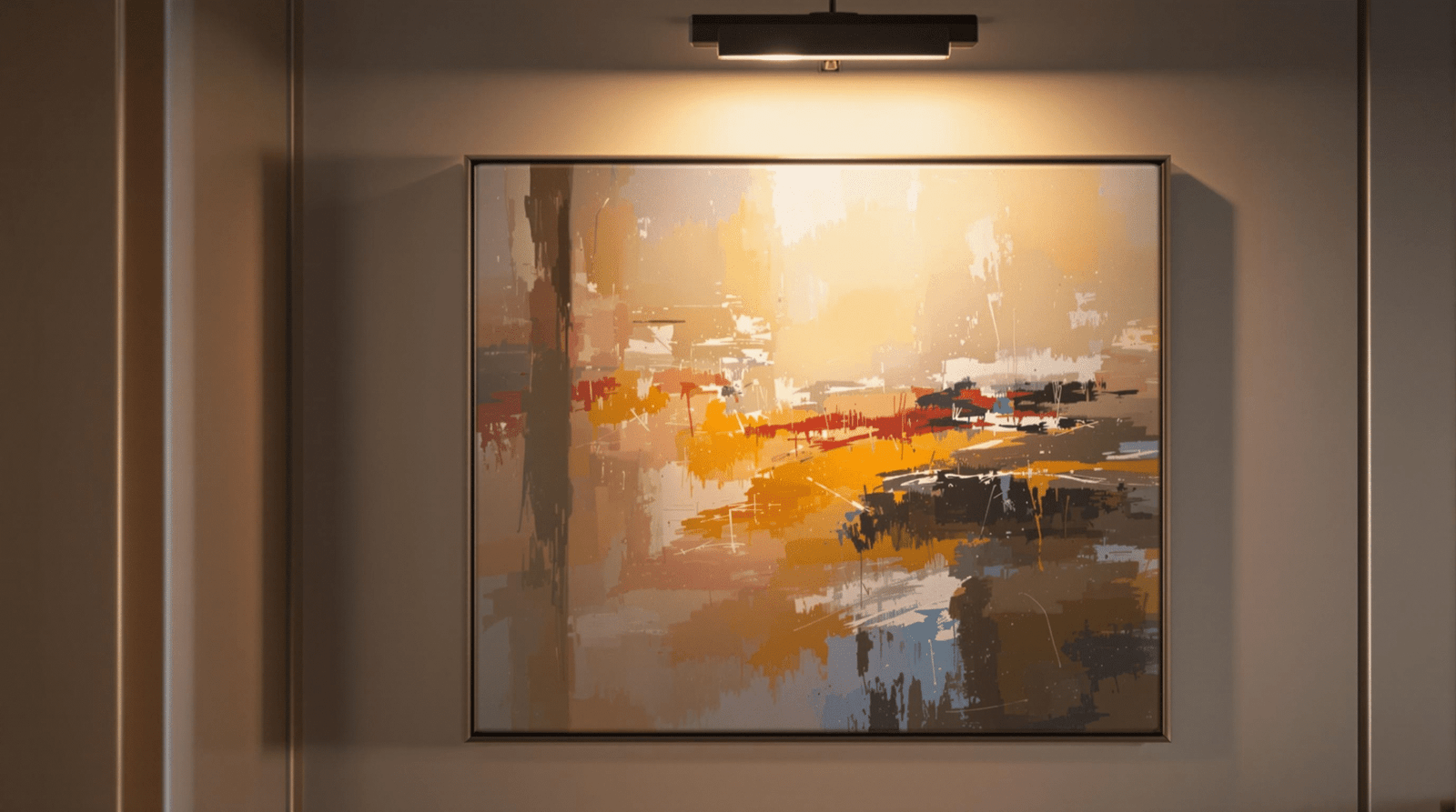 Close-up of a well-lit painting on a gallery wall, illuminated by a warm picture light.