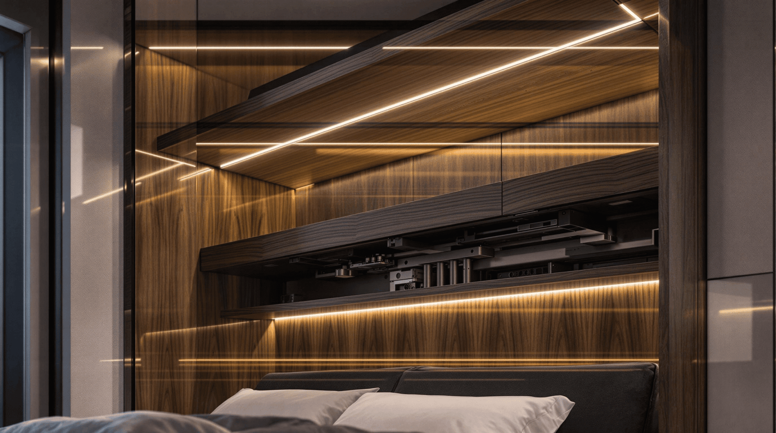 Close-up of luxury custom wall bed cabinetry, highlighting dark walnut wood grain, intricate joinery, and integrated LED lighting.