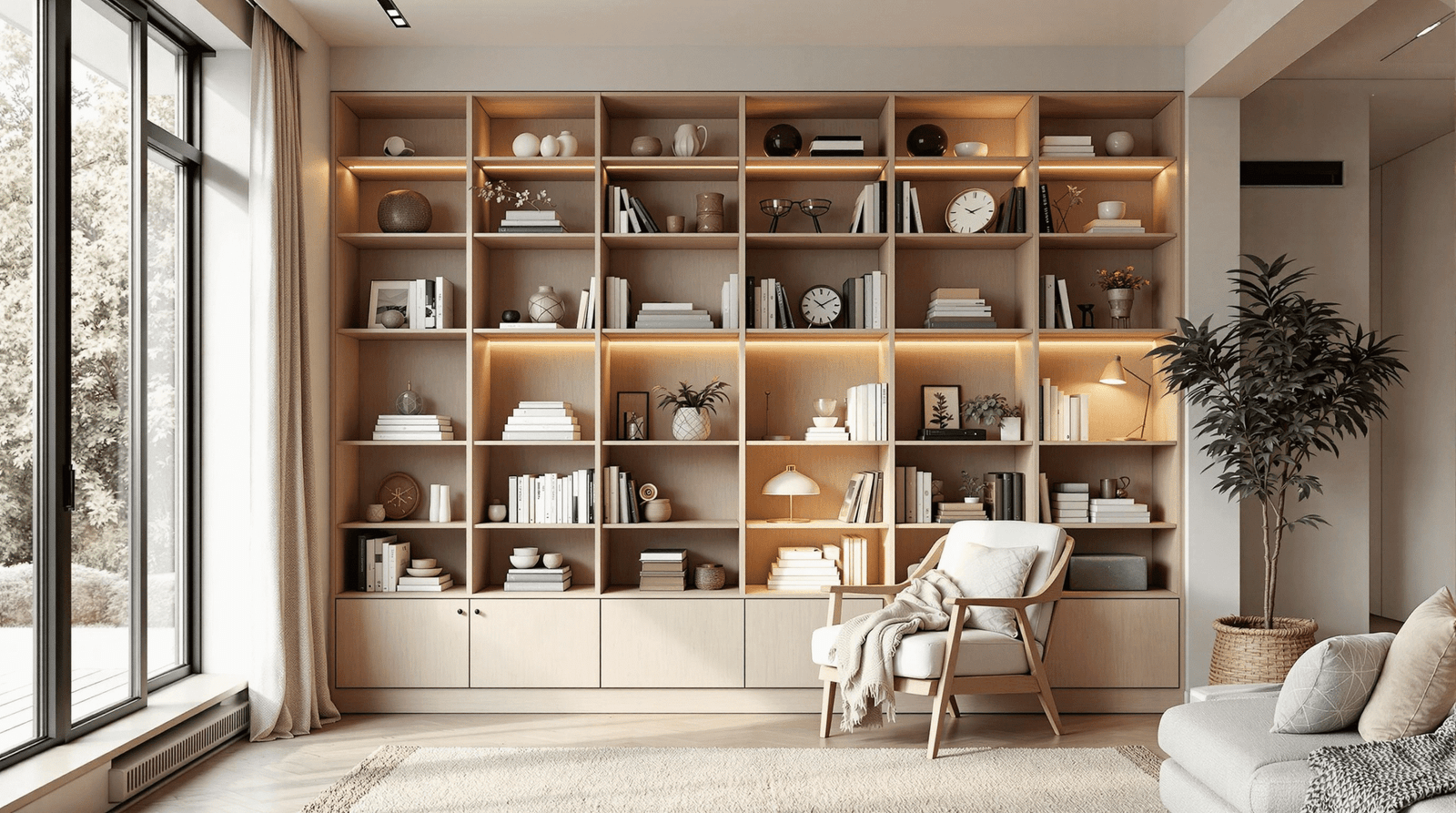 Cozy reading nook defined by a low, light wood bookshelf divider, featuring an armchair and warm lighting.