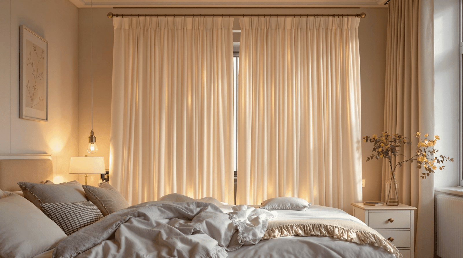 Cozy shared bedroom with two zones separated by a semi-transparent fabric divider on a tension rod.