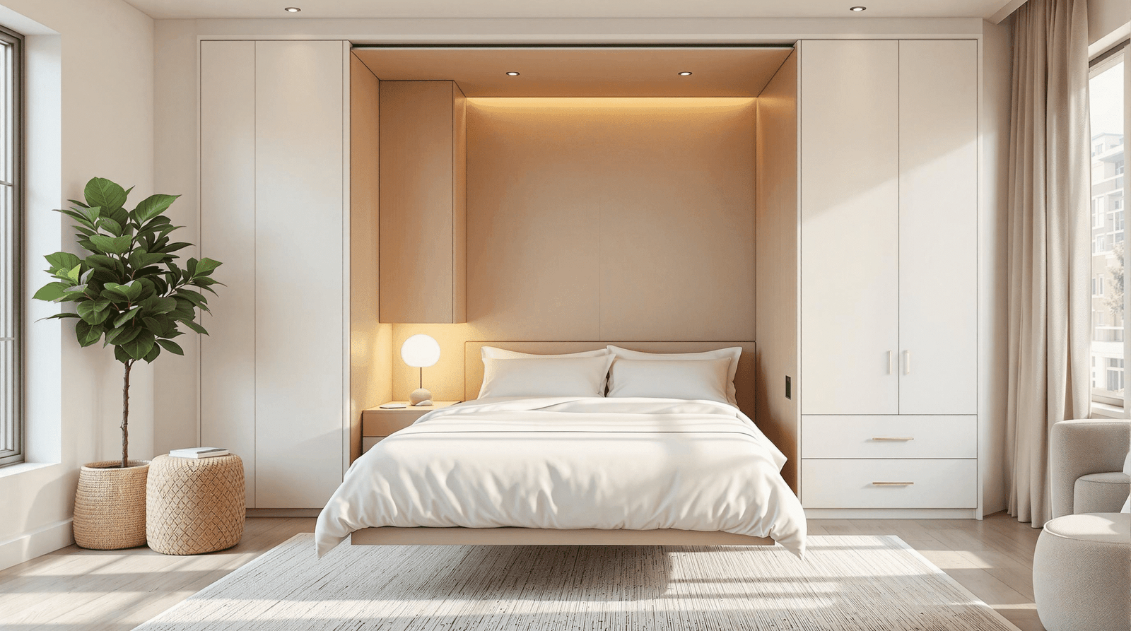 Inviting dual-purpose room with a wall bed lowered and made up, ready for use as a bedroom.