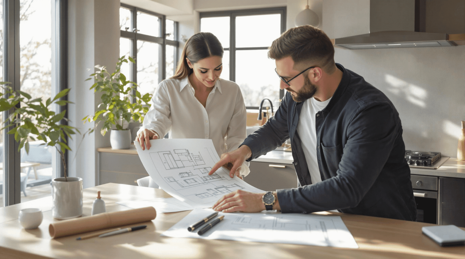 Kitchen designer and homeowner collaborating over blueprints in a modern kitchen, planning a renovation.