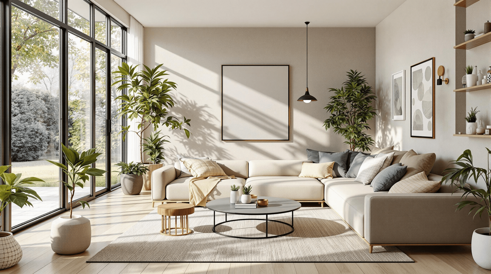 Living room featuring biophilic design with large plants, natural wood, and bright natural light.