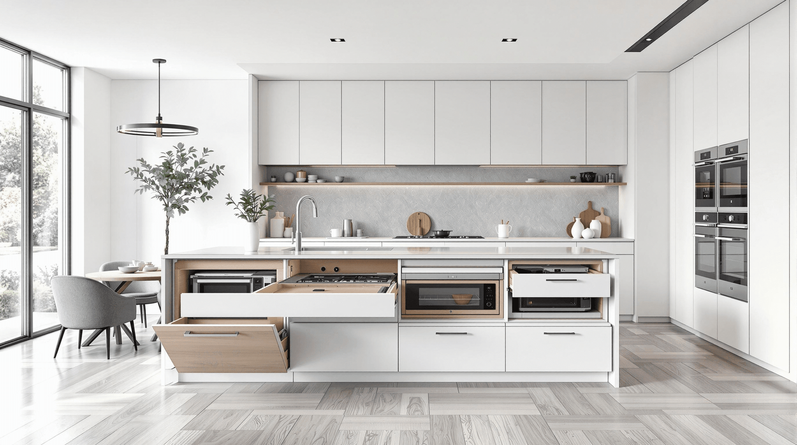 Minimalist multi-use kitchen showcasing smart storage and a hidden pull-out workstation in the island.