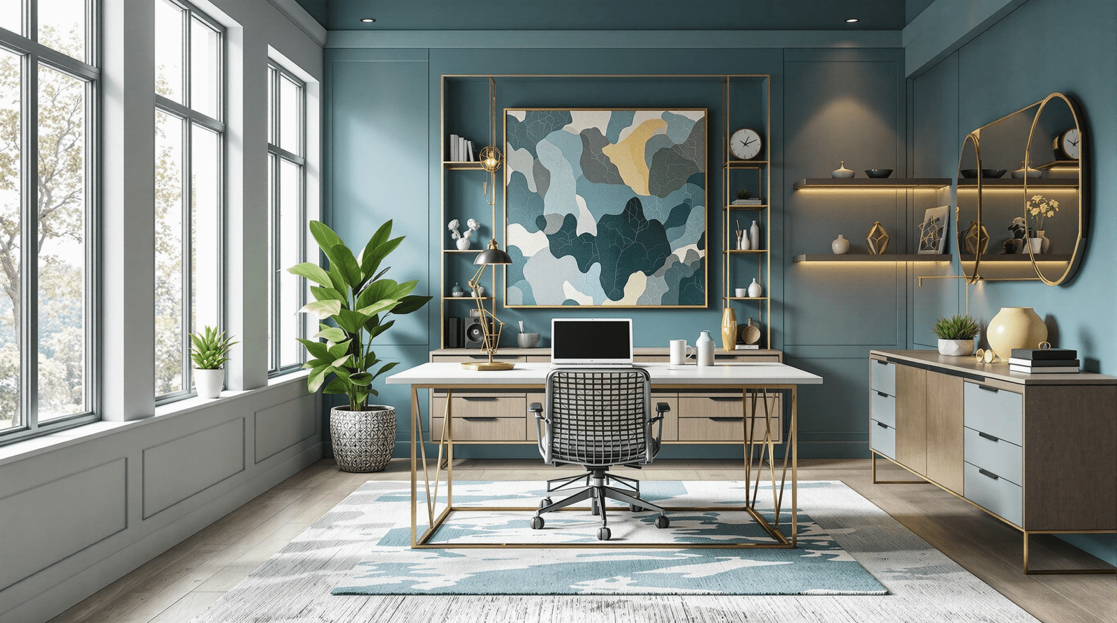 Modern home office with blue, green, and yellow color scheme.